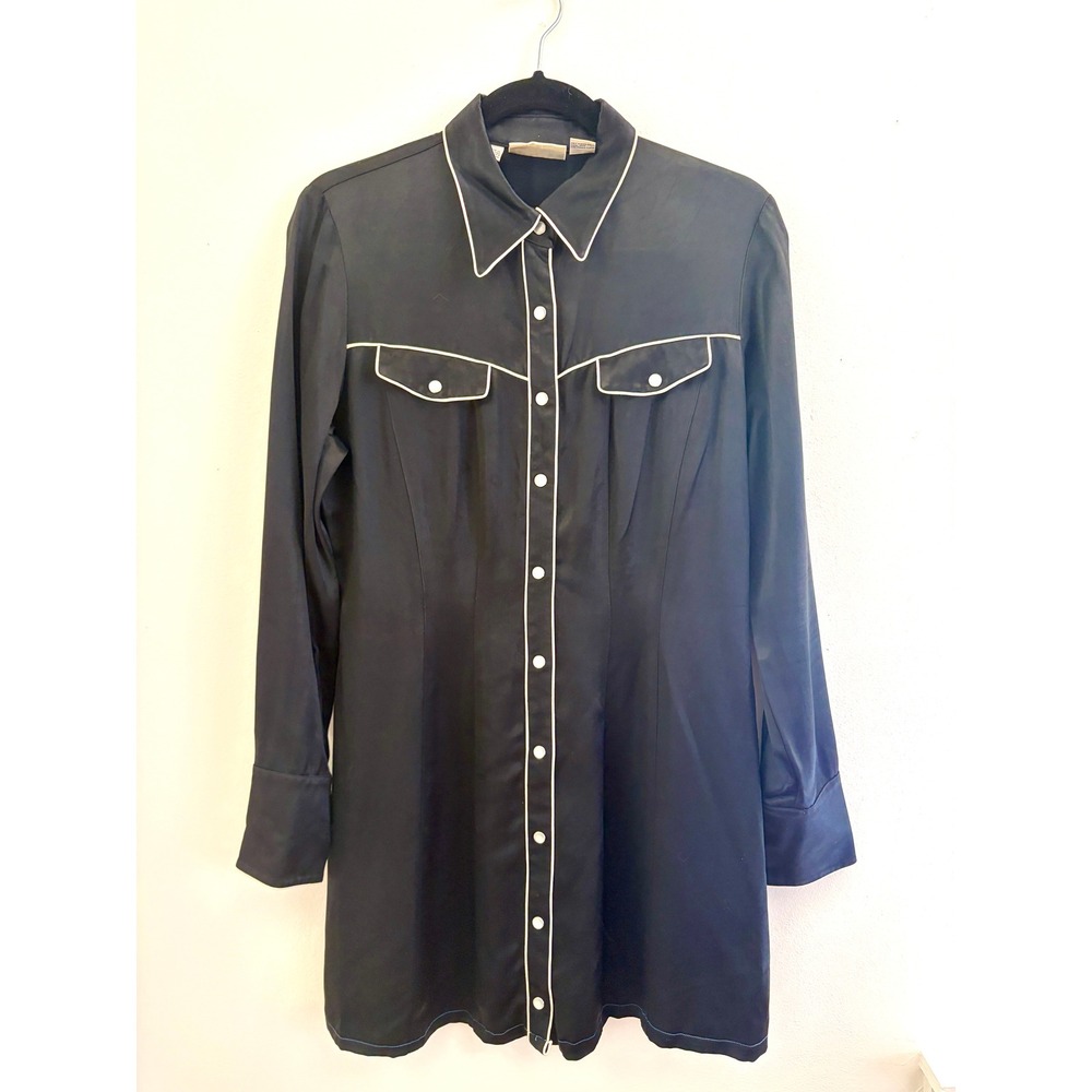 VTG 90s DKNY Jeans Black Western Shirt Dress White Piping Snap Front‎ Sz 6